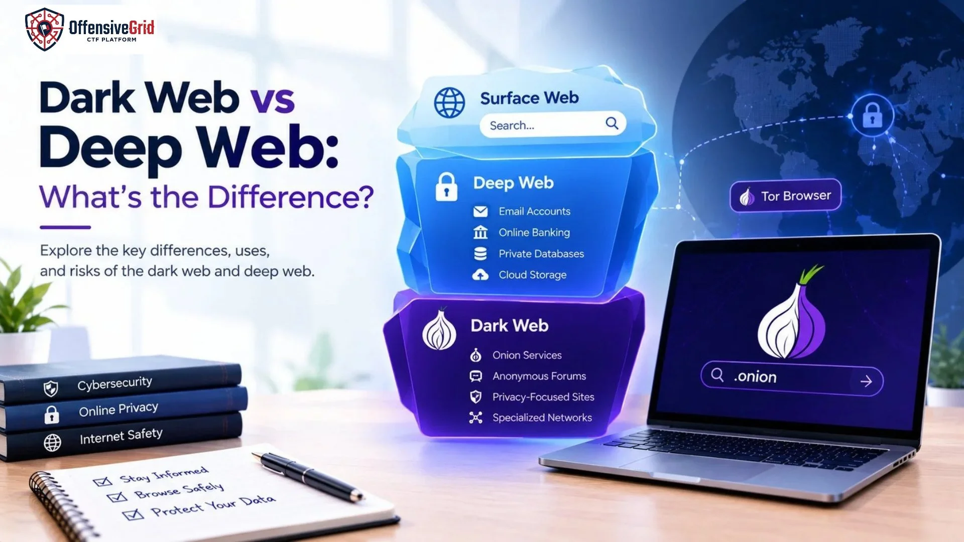 Dark web vs deep web comparison showing private web content, Tor onion services, and online security concepts