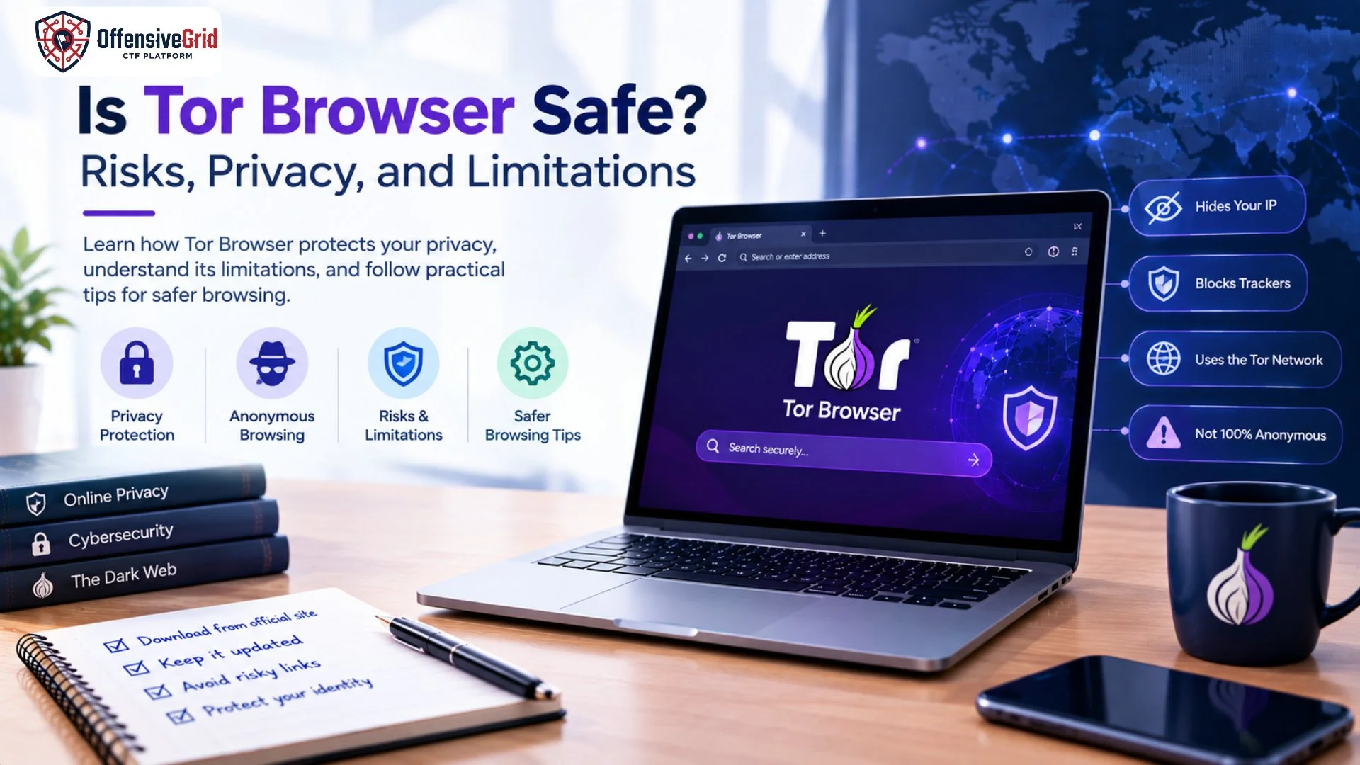 Is Tor Browser safe, illustrating Tor privacy protection, online anonymity, and cybersecurity risks